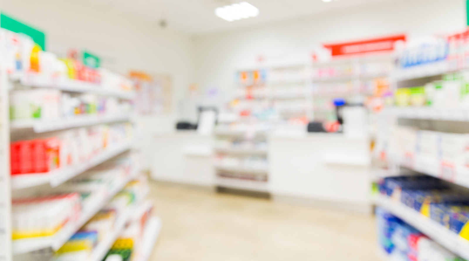 Pharmacy shelves and counter