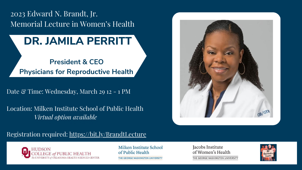 Flyer on blue background with picture of Dr. Jamila Perritt