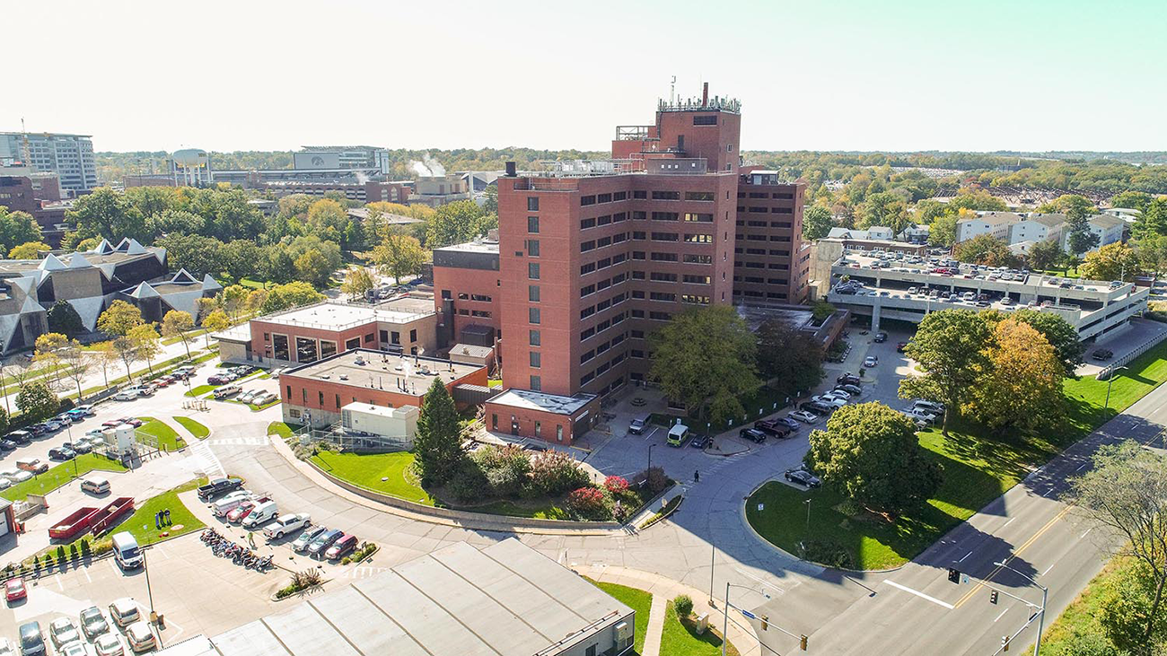 Aerial shot of red brick medical center building