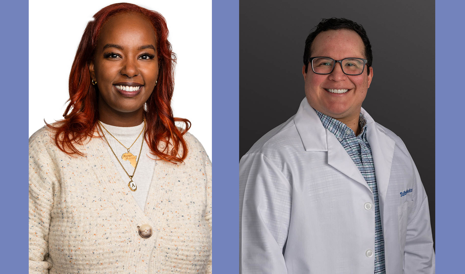 Two photos side by side: On the left, a smiling Black woman in a white cardigan; on the right, a smiling white man in a doctor's coat