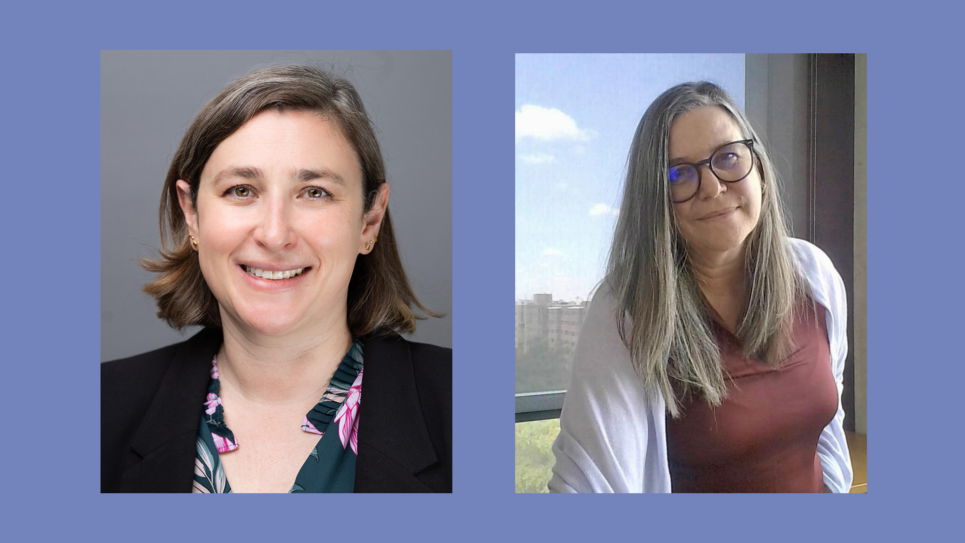 Two photos side by side on a purple background: Julia Strasser and Anne Markus