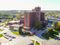 Aerial shot of red brick medical center building