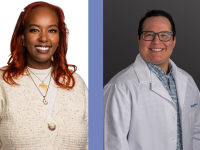 Two photos side by side: On the left, a smiling Black woman in a white cardigan; on the right, a smiling white man in a doctor's coat