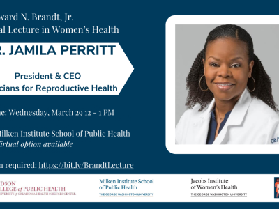 Flyer on blue background with picture of Dr. Jamila Perritt