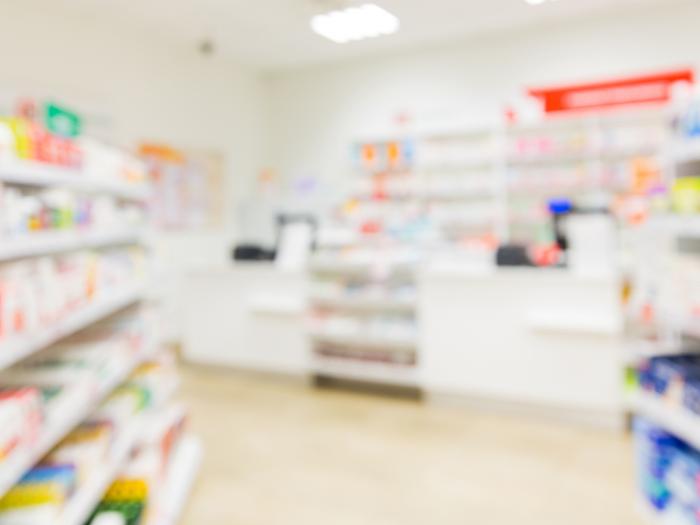 Pharmacy shelves and counter
