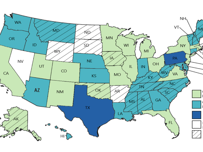 Map of United States showing Texas and Pennsylvania as only states requiring rural representation