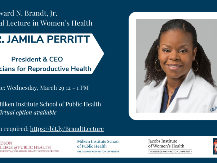 Flyer on blue background with picture of Dr. Jamila Perritt