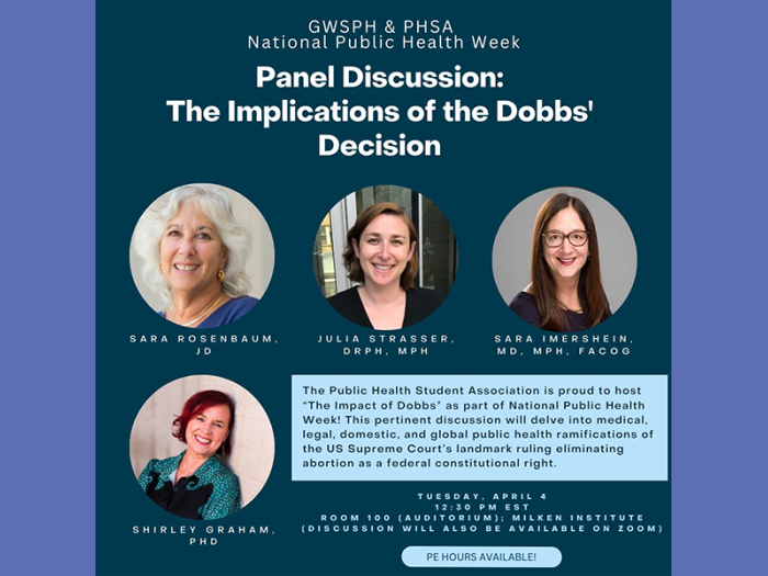 Flyer for "Panel Discussion: The Implications of the Dobbs Decision" contains photos of Sara Rosenbaum, Julia Strasser, Sara Imershein, and Shirley Graham