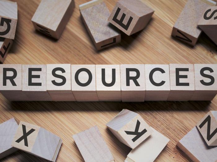Wooden blocks spell out the word "resources."