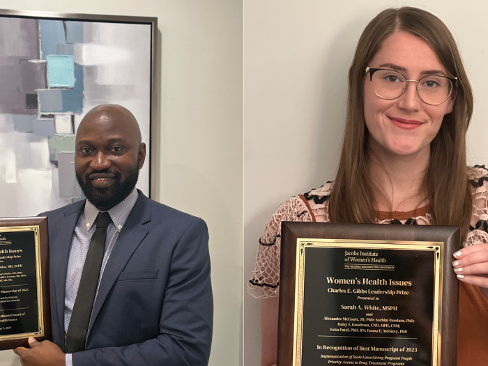 Left half of photo shows Godwin Osei-Poku, a Black-presenting man, holding a Gibbs Prize plaque. Right photo shows Sarah White, a white-presenting woman, holding a Gibbs Prize plaque.