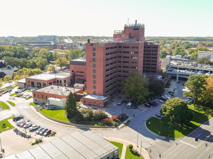 Aerial shot of red brick medical center building