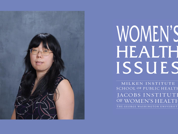 Purple background showing Yan Wang, an Asian woman with glasses and long dark hair, smiling on a purple background next to the logo of Women's Health Issues