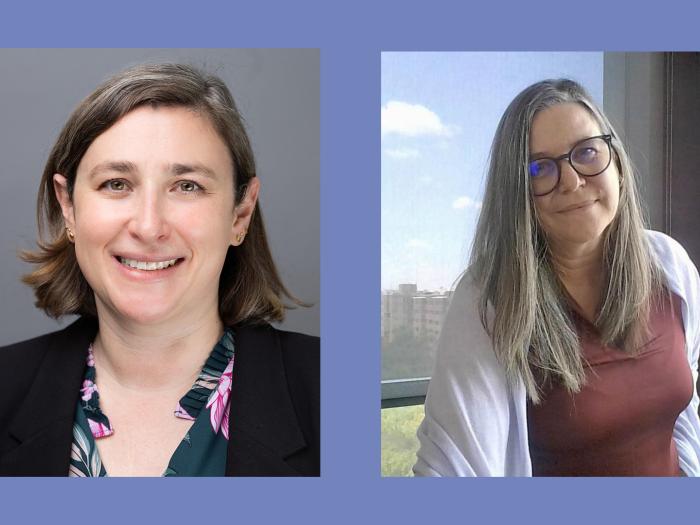 Two photos side by side on a purple background: Julia Strasser and Anne Markus