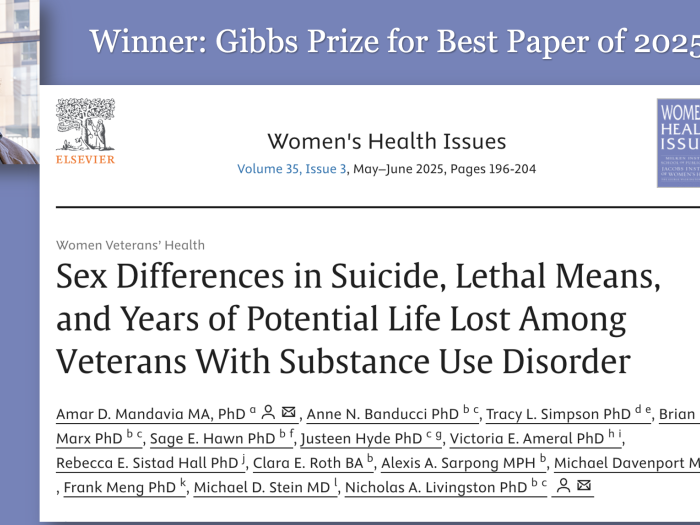 Purple box. In upper left corner is a photo of a brown-skinned man with a beard and glasses smiling. White text across the top reads "Winner: Gibbs Prize for Best Manuscript of 2025." Below that is the header of a Women's Health Issues article titled "Sex Differences in Suicide, Lethal Means, and Years of Potential Life Lost Among Veterans With Substance Use Disorder." The first author is Amar Mandavia, MA, PhD.